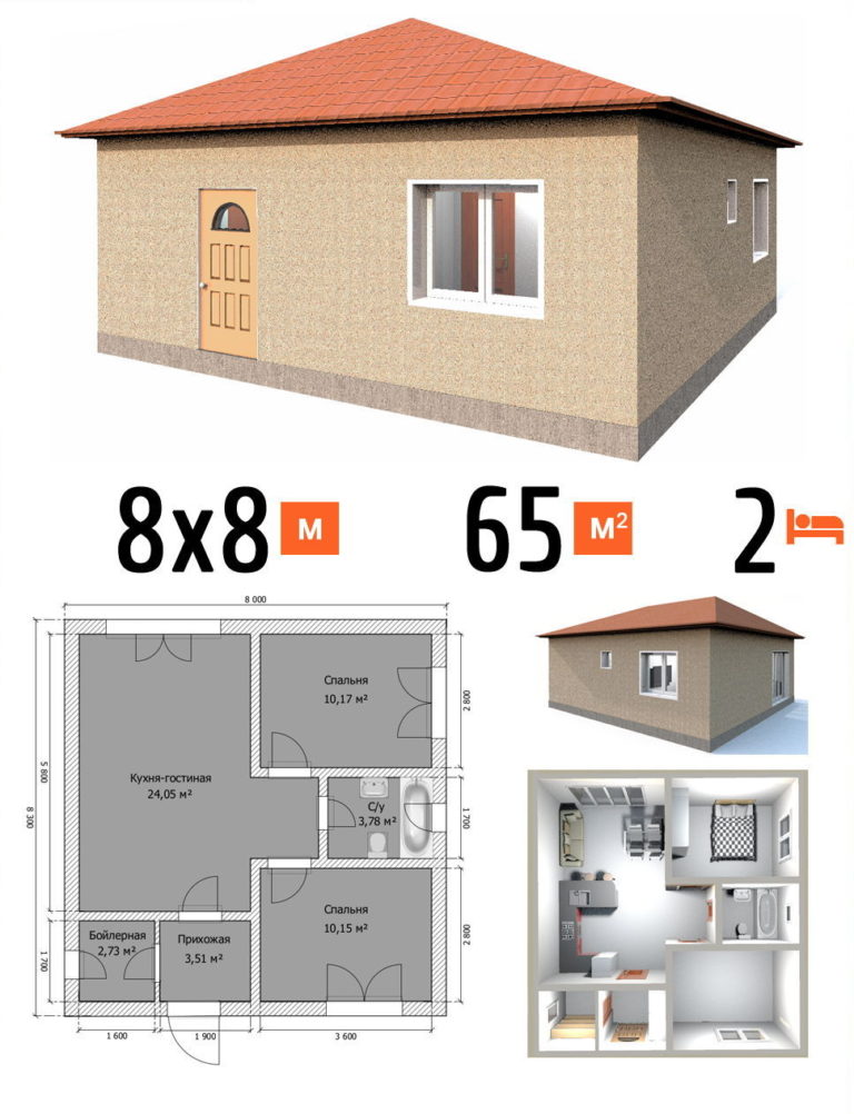 Проект дома 64 кв.м 2 спальни 8 на 8 одноэтажный - цена постройки фото и планы