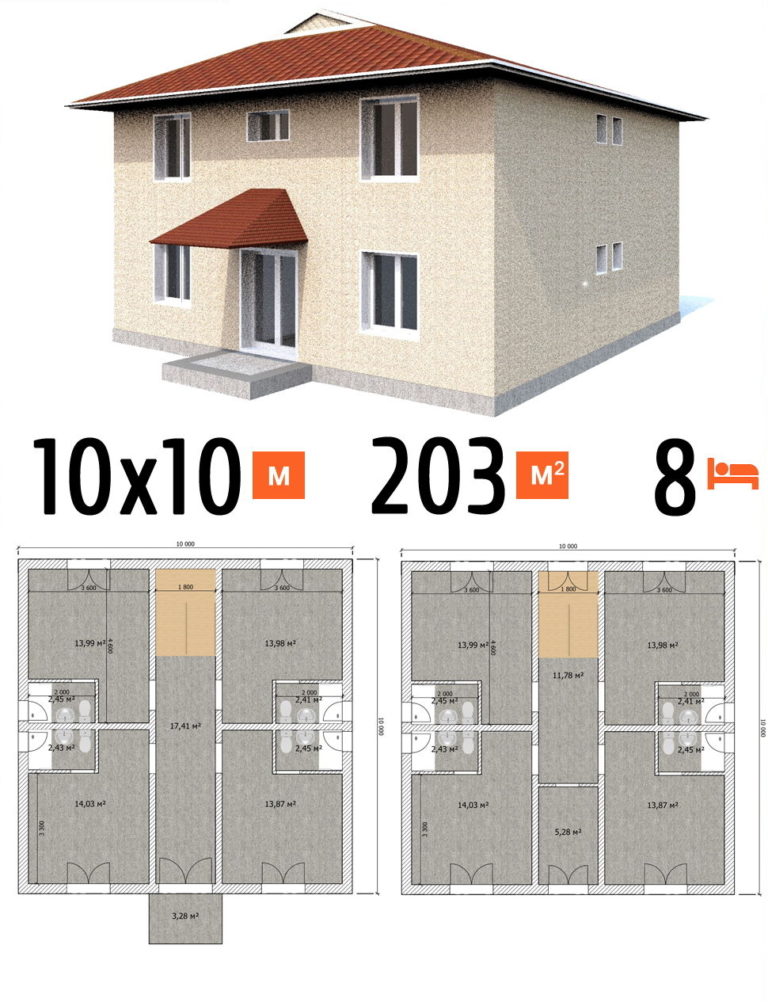 Проект гостиницы 203 кв.м 8 номеров 10 на 10 двухэтажная - цена строительства фото и планы