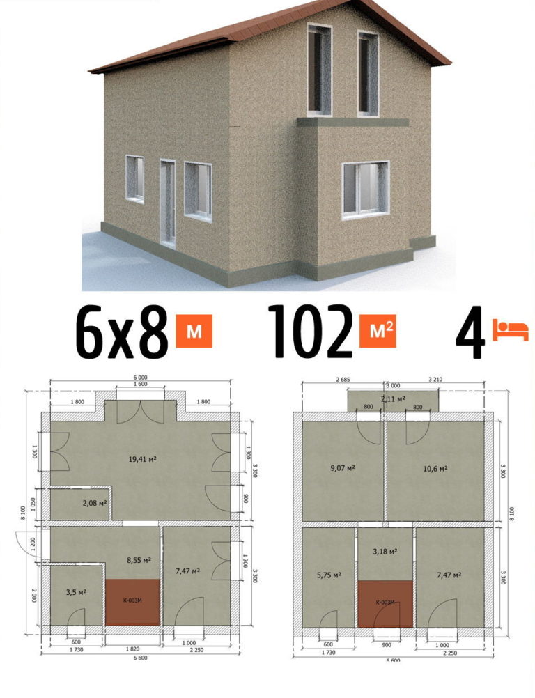Проект дома 102 кв.м 4 спальни 6 на 8 двухэтажный - цена под ключ фото и планы
