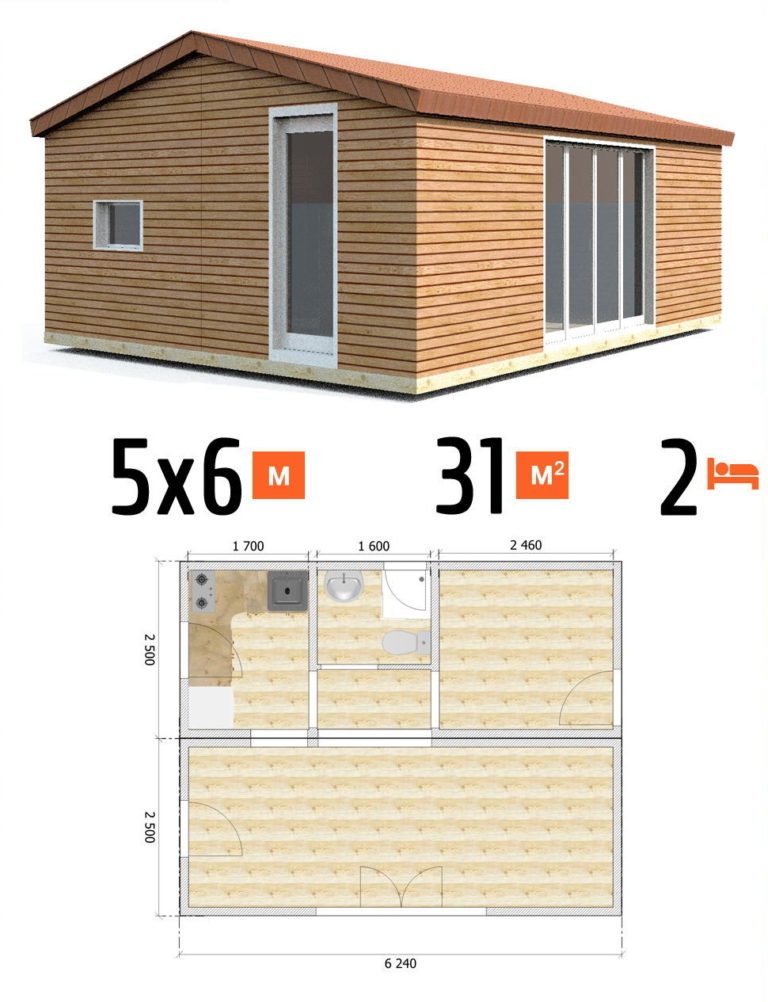Проект дома 31 кв.м 1 спальня 5 на 6 одноэтажный - стоимость строительства фото и планы