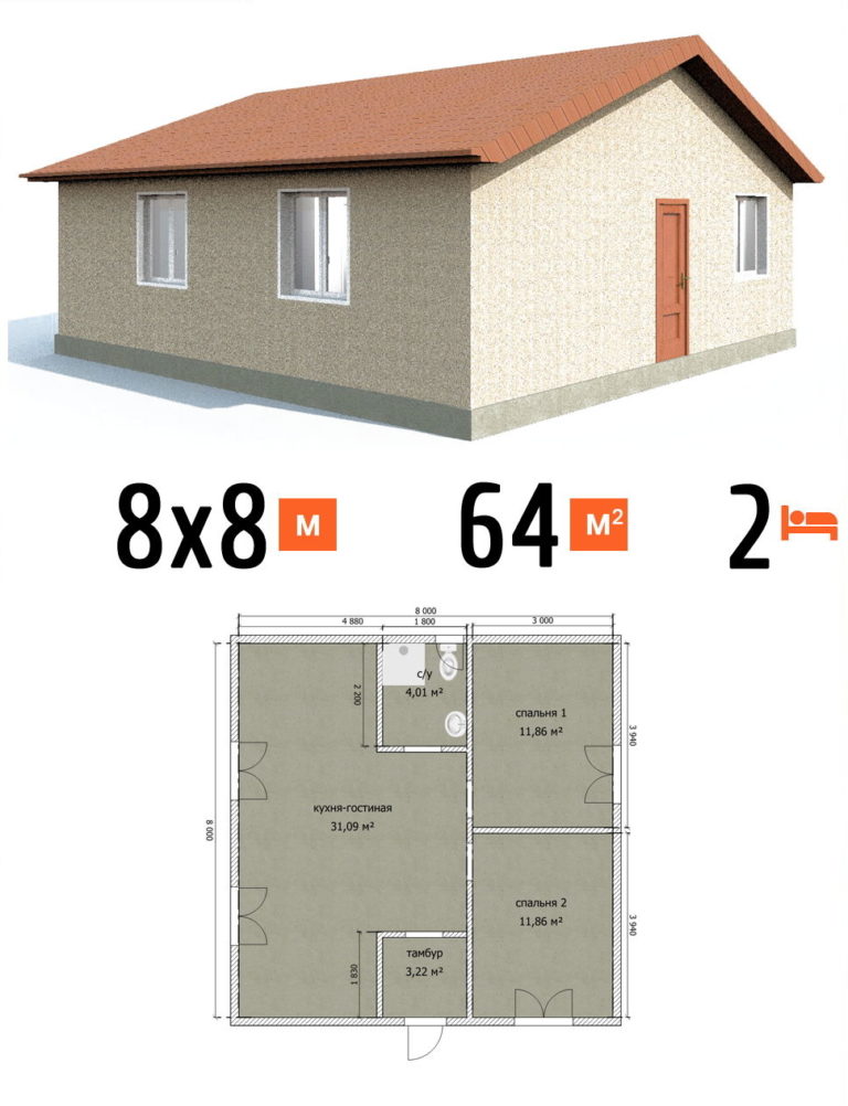 Проект дома 64 кв.м 2 спальни 8 на 8 одноэтажный - расчет под чистовую фото и планы