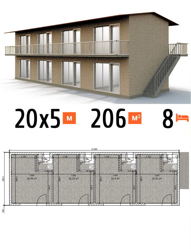 Проект гостиницы 205 кв.м 8 номеров 5 на 20 двухэтажная - цена постройки фото и планы