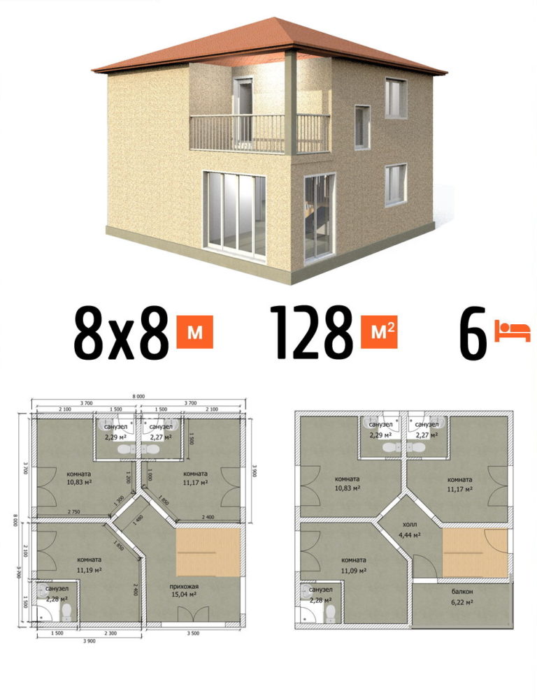 Проект гостиницы 128 кв.м 6 номеров 8 на 8 двухэтажная - стоимость постройки фото и планы