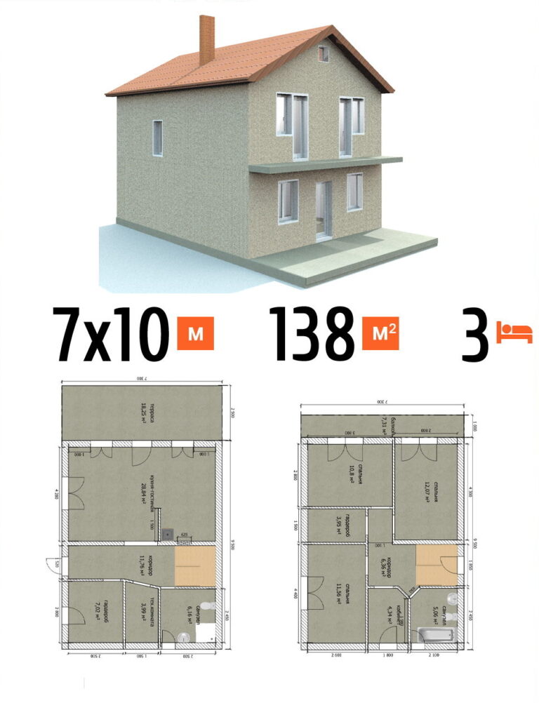 Проект дома 138 кв.м 3 спальни 7 на 10 двухэтажный - цена под ключ фото и планы