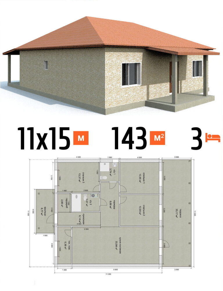 Проект дома 143 кв.м 3 спальни 11 на 15 одноэтажный - стоимость под чистовую фото и планы